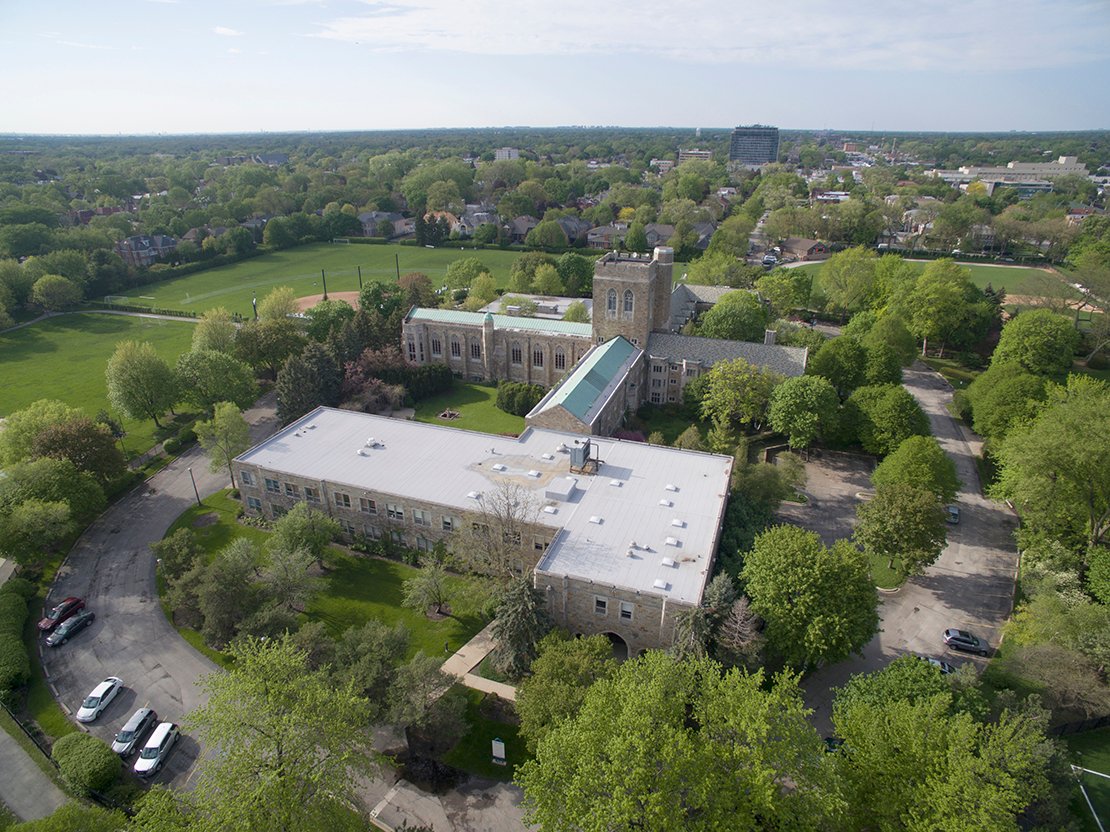 An aerial view of the Priory in River Forest. 